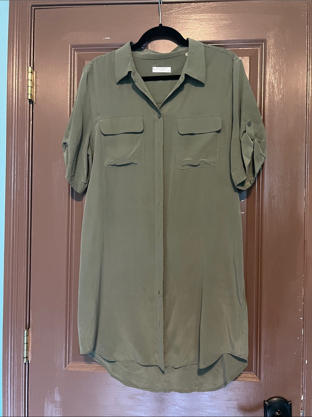 Equipment L Silk Olive Green Shirt Dress with Chest Pockets